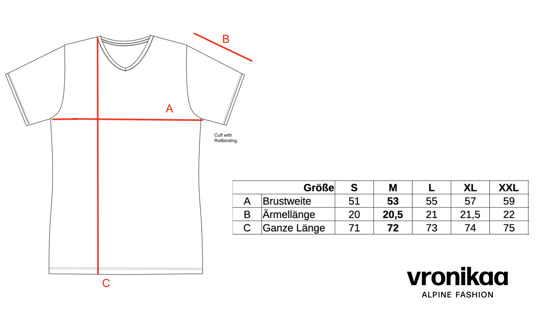 Maßtabelle für ein Herren T-Shirt mit V-Ausschnitt